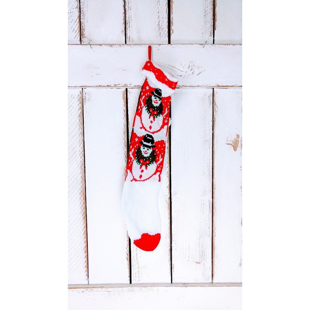 Vintage white and red woven slouchy knit snowman Christmas stocking